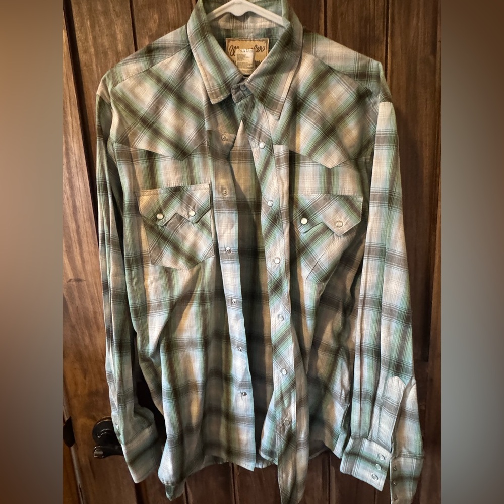 Wrangler Pearl Snap Mens Large Green Plaid